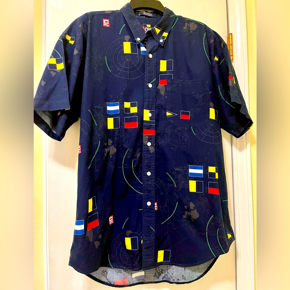 Chaps Ralph Lauren Navy Button Shirt Men Large Flag Nautical S/S 100% Cotton